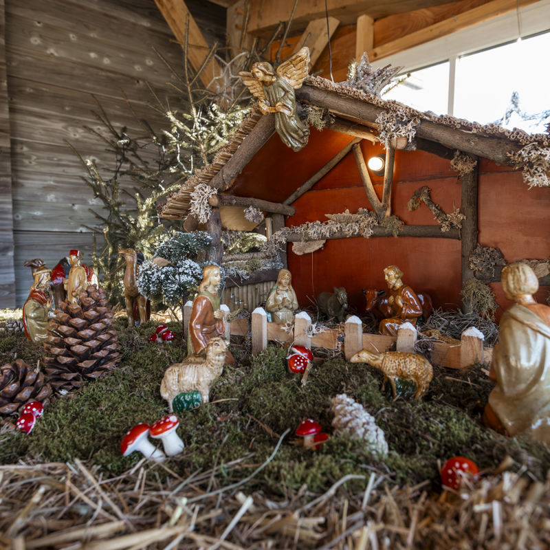 Miniatuuropstelling van een kribke met mos eromheen