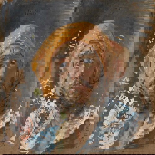 Bruin schilderij (portret) van man met baard en geel doek om zijn hoofd