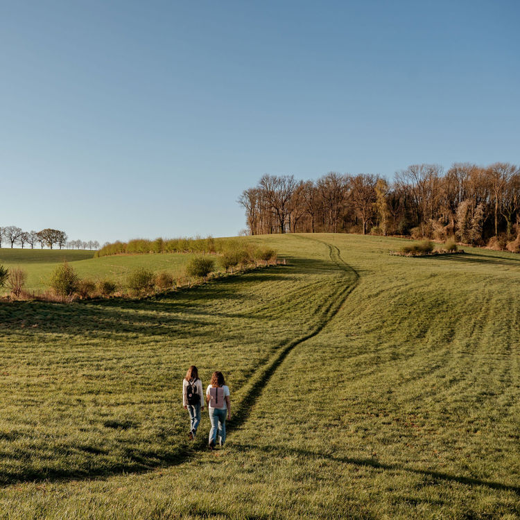 Twee vrouwen in de verte wandelend door een glooiende wijde